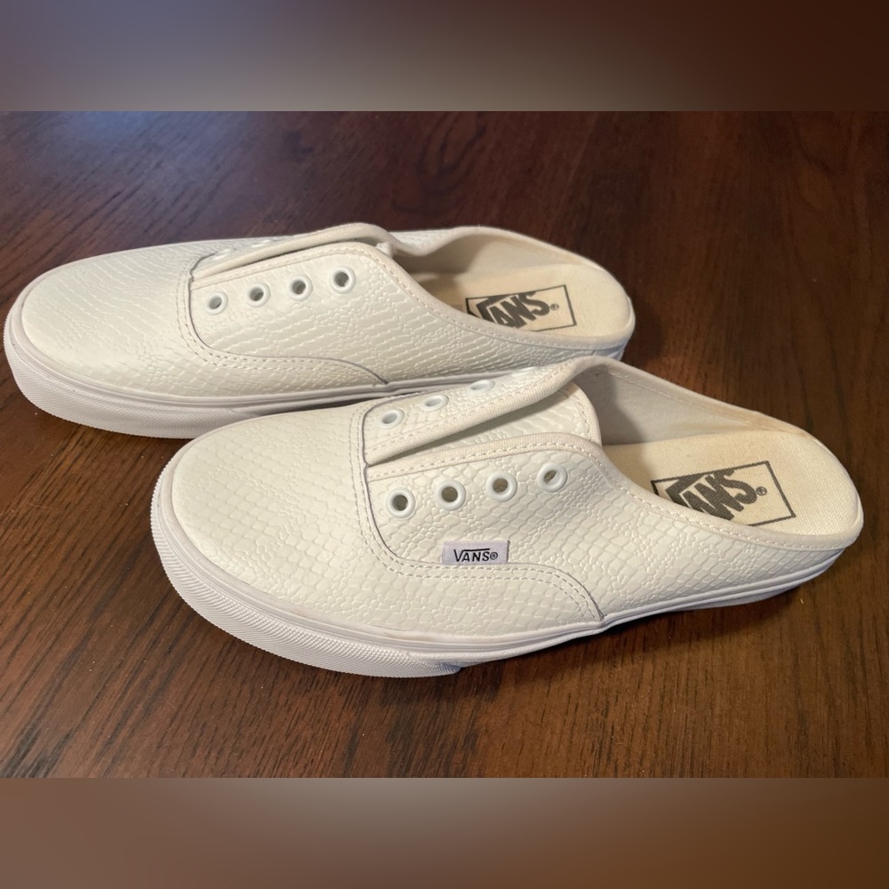 New WOT; white leather slip on Vans